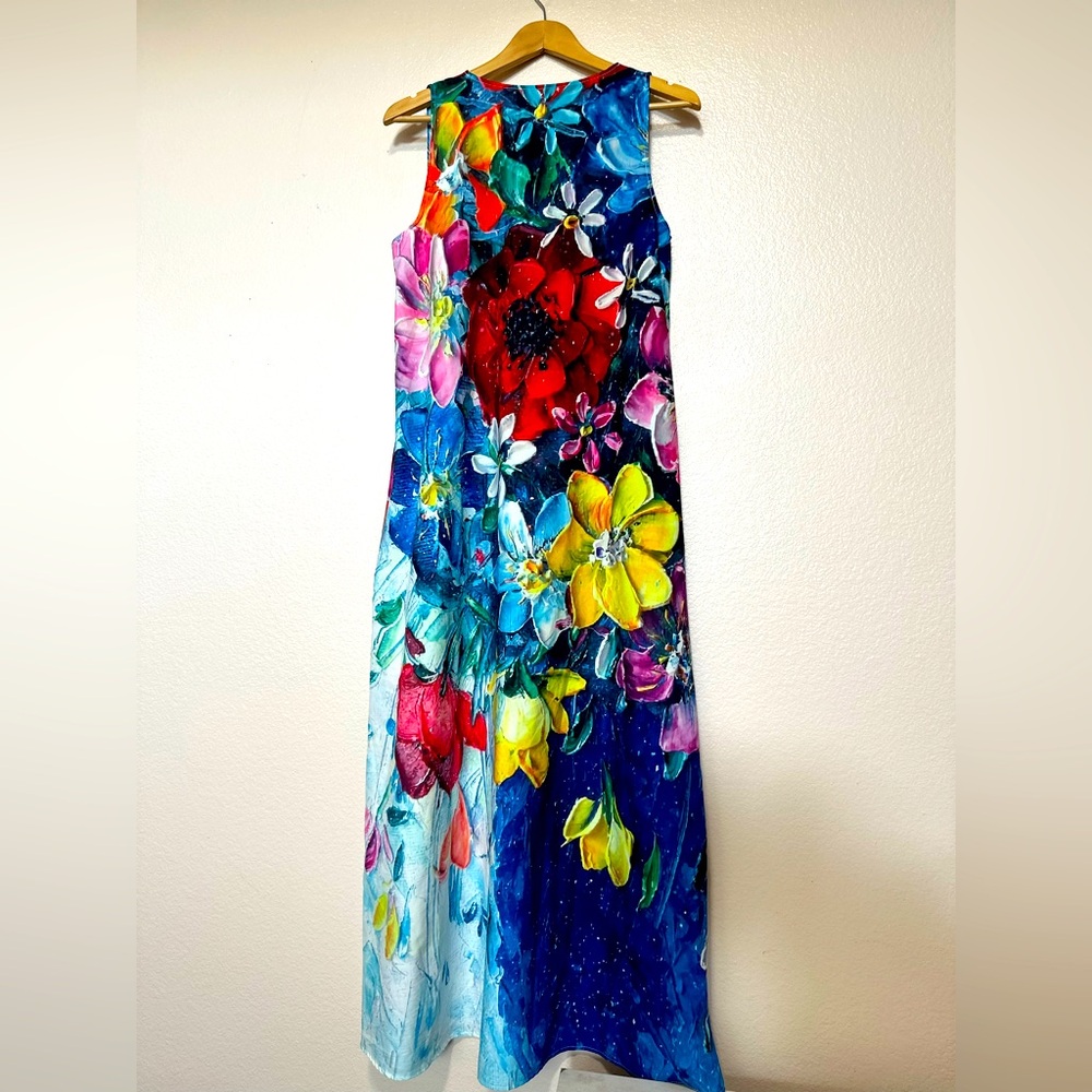 Watercolor Floral Sleeveless Maxi Dress with Pockets